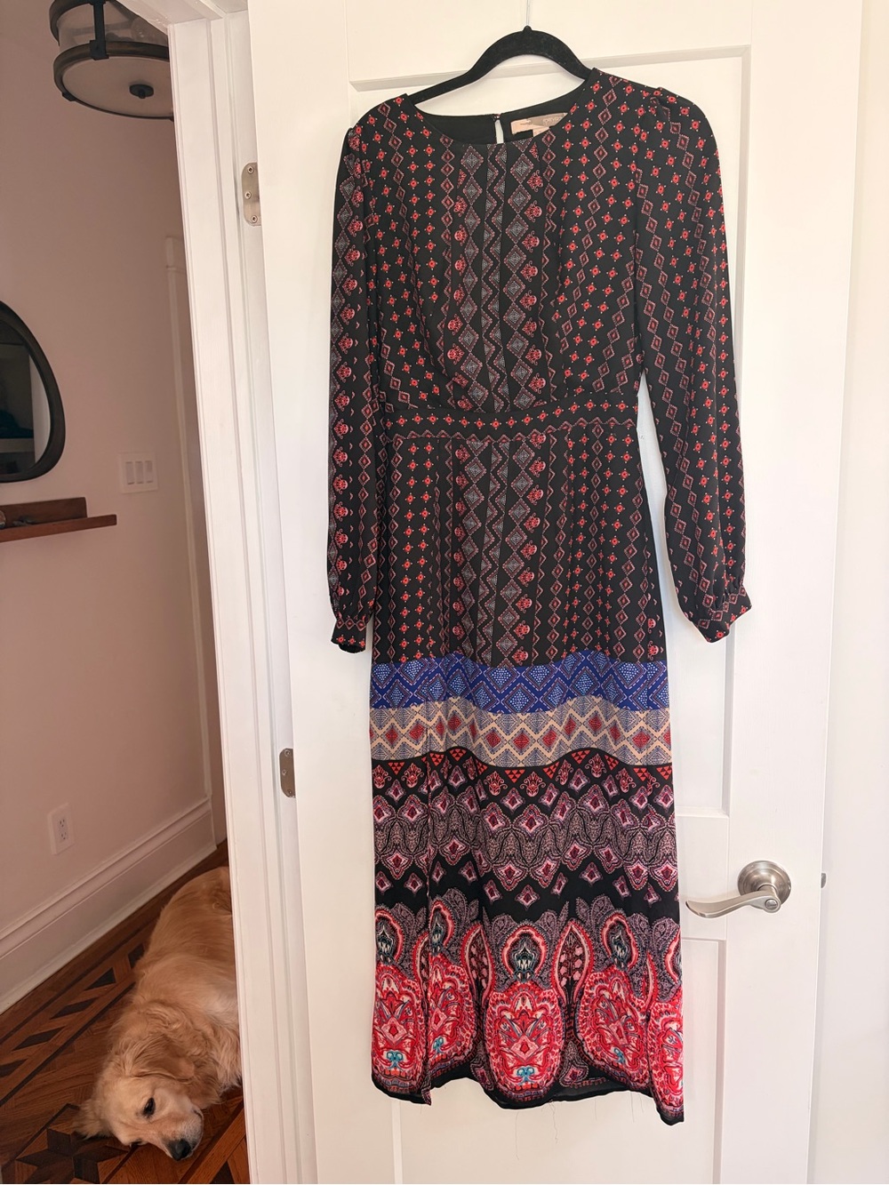 Forever 21 Black Maxi Dress with Red and Blue Border Print